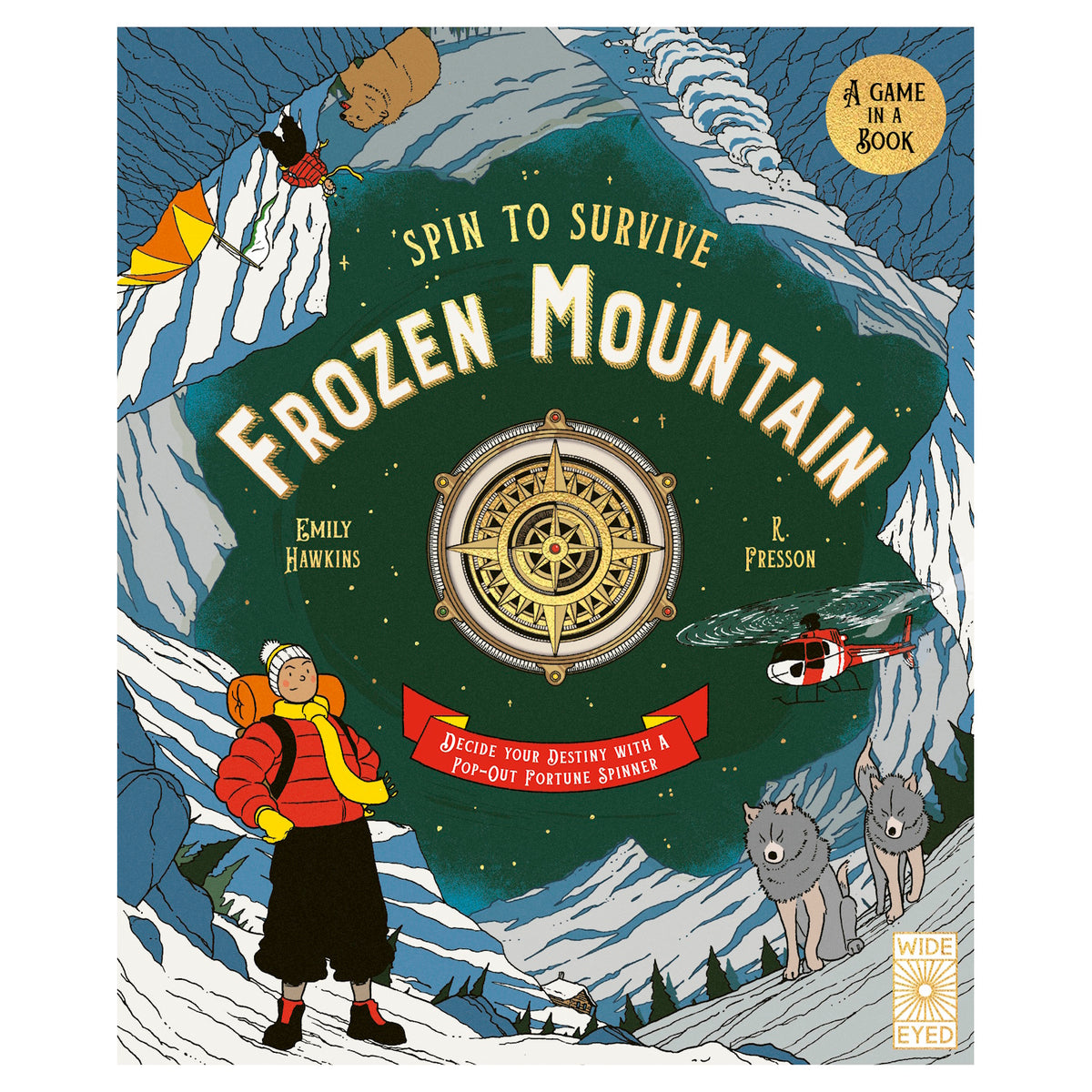 Illustrated book cover titled "Spin to Survive: Frozen Mountain" featuring a snowy mountain scene with a climber, helicopter, wolves, and a bear. A central compass design suggests adventure and decision-making.