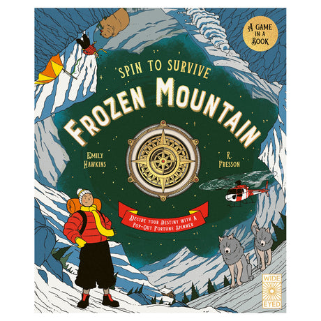 Illustrated book cover titled "Spin to Survive: Frozen Mountain" featuring a snowy mountain scene with a climber, helicopter, wolves, and a bear. A central compass design suggests adventure and decision-making.