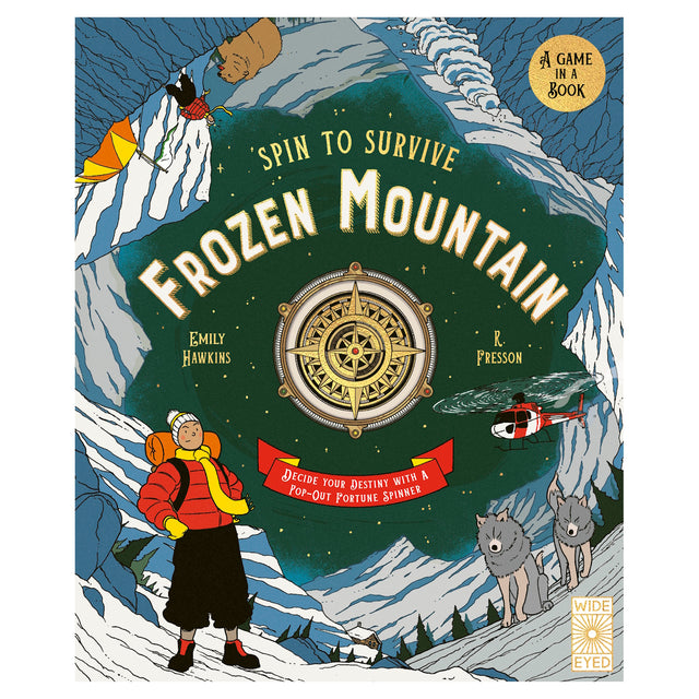 Illustrated book cover titled "Spin to Survive: Frozen Mountain" featuring a snowy mountain scene with a climber, helicopter, wolves, and a bear. A central compass design suggests adventure and decision-making.
