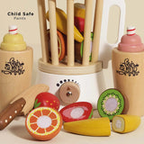 Wooden toy blender set with play fruit pieces, cups, and text reading "Child Safe Paints".