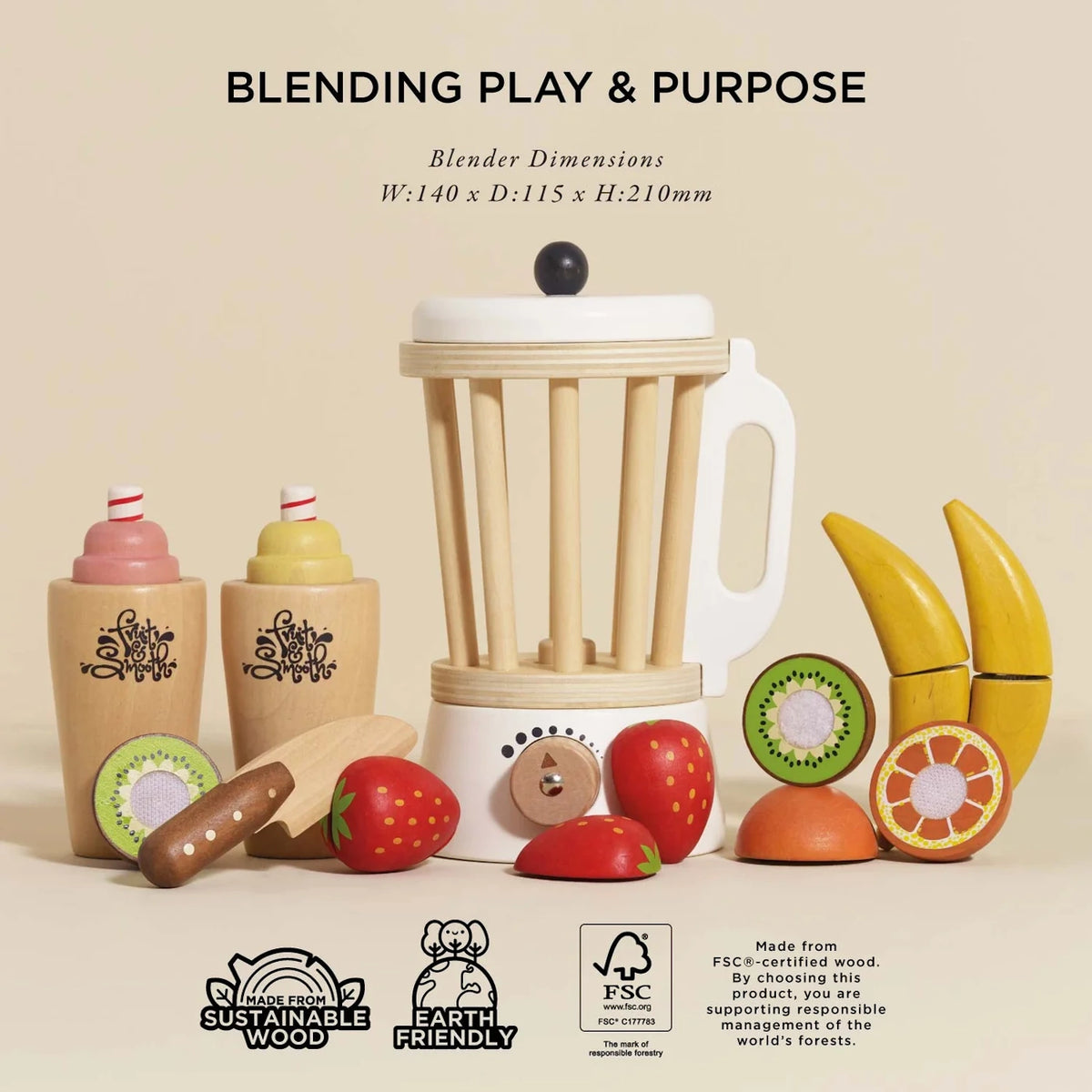 Wooden toy blender set with play fruit pieces, cups, and FSC certification text for sustainable wood.