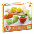 Djeco wooden fruits and vegetables play food set with toy knife and cutting board for toddlers.
