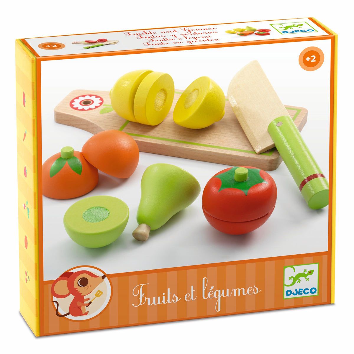 Djeco wooden fruits and vegetables play food set with toy knife and cutting board for toddlers.