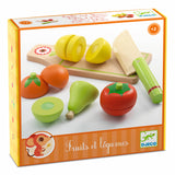 Djeco wooden fruits and vegetables play food set with toy knife and cutting board for toddlers.