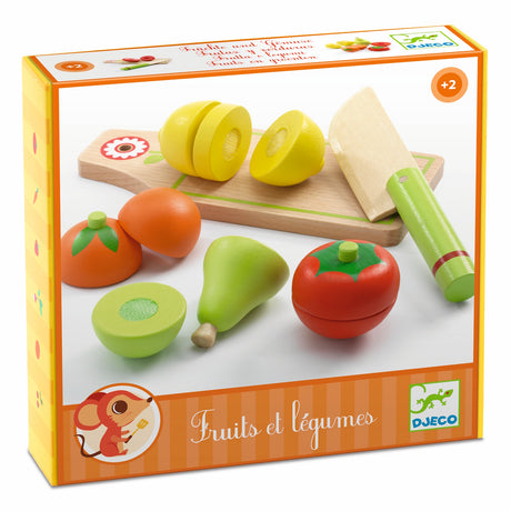 Djeco wooden fruits and vegetables play food set with toy knife and cutting board for toddlers.