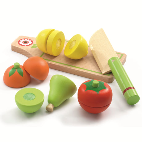 Wooden play food set with toy knife, cutting board, and velcro-connected fruit and vegetables.