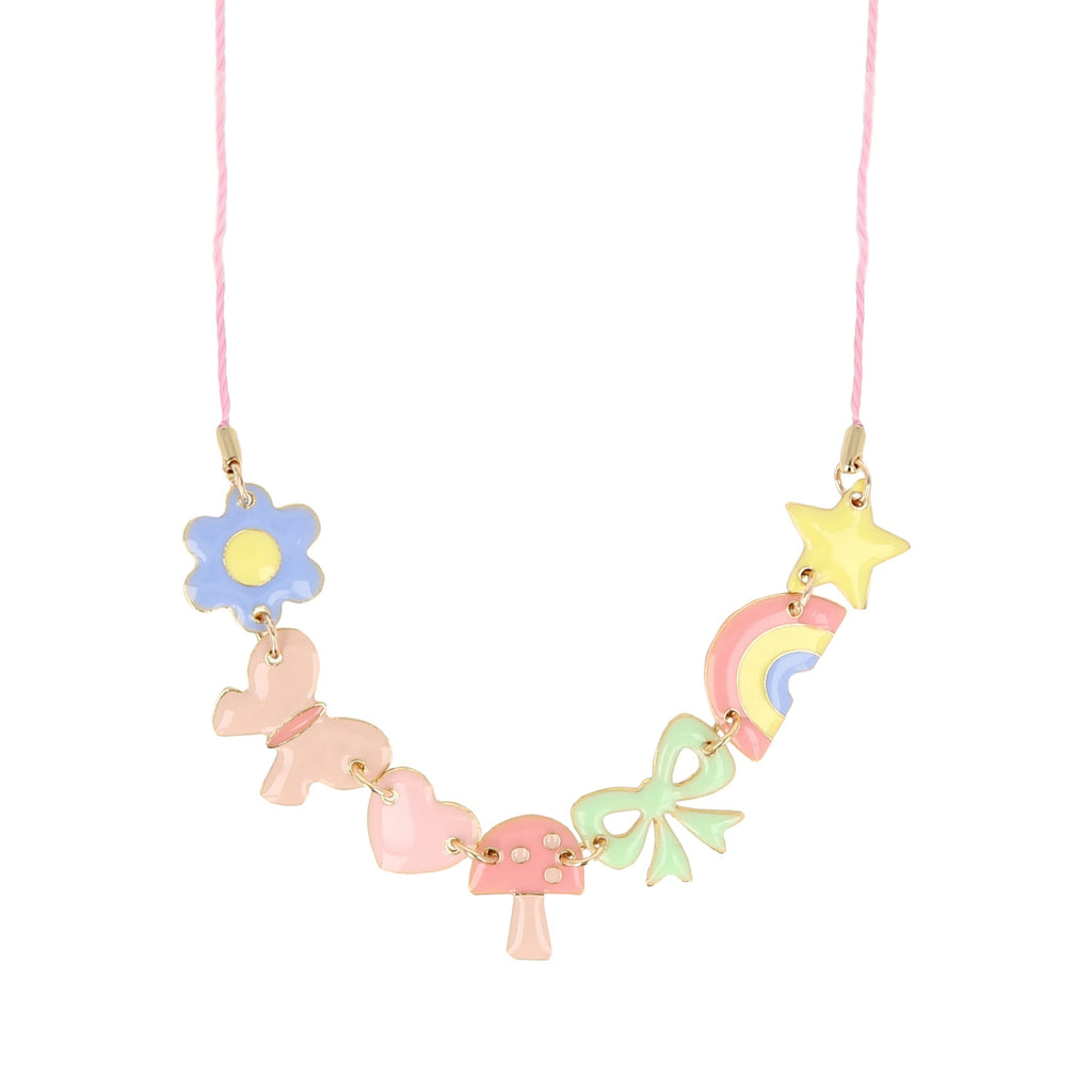 A playful gold-tone necklace featuring colorful enamel charms like a star, rainbow, and heart, perfect for fun and stylish accessorizing.