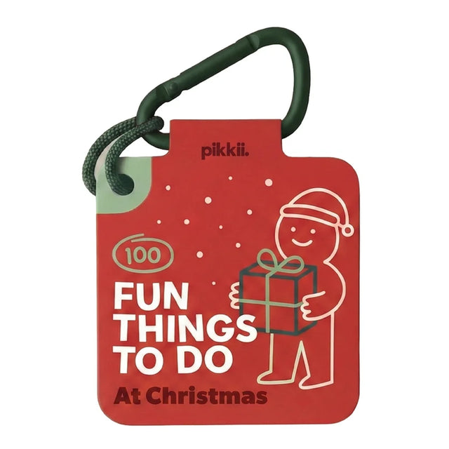 Red Pikkii tag with carabiner reading "100 Fun Things To Do At Christmas" with Santa illustration.