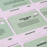 Green activity cards showing creative ideas and challenges for kids using sticks.