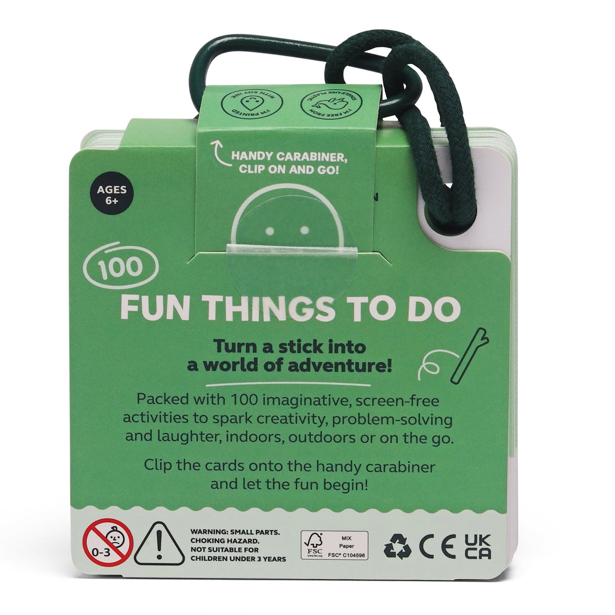 Back packaging of green "100 Fun Things To Do" card deck with product info and carabiner.