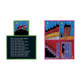 Illustration split into two sections. Left: text set against a dark backdrop, describing a sequence of "dark" locations. Right: vibrant art shows a night scene with a staircase, open door, starry sky, and red-brick buildings, conveying a mysterious, eerie tone.
