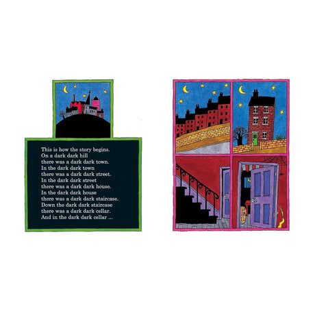 Illustration split into two sections. Left: text set against a dark backdrop, describing a sequence of "dark" locations. Right: vibrant art shows a night scene with a staircase, open door, starry sky, and red-brick buildings, conveying a mysterious, eerie tone.