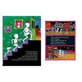 Illustrated page from a children's book showing three playful skeletons, two human and one dog, leaving a basement and walking through a colorful urban setting. Stars twinkle in the night sky, creating a whimsical, adventurous tone.