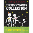 Two cartoon skeletons and a dog, wearing hats and sweaters, joyfully walk on grass against a starry black background. Text: "The Funnybones Collection."