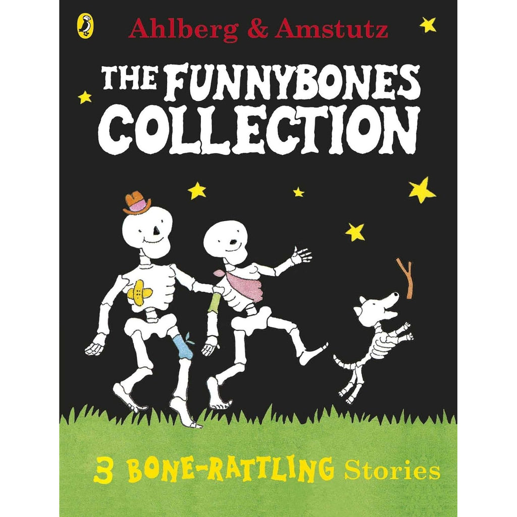 Two cartoon skeletons and a dog, wearing hats and sweaters, joyfully walk on grass against a starry black background. Text: "The Funnybones Collection."