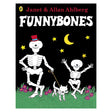 Cover of "Funnybones" by Janet and Allan Ahlberg features two cheerful skeletons and a skeleton dog under a crescent moon and stars, surrounded by flowers.