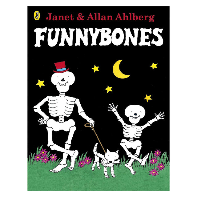 Cover of "Funnybones" by Janet and Allan Ahlberg features two cheerful skeletons and a skeleton dog under a crescent moon and stars, surrounded by flowers.