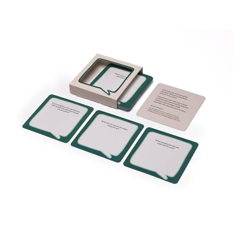Open card box with prompt cards featuring speech bubbles and question texts on a white background.
