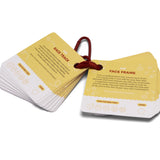 Yellow activity cards bound by a red clip ring, displaying numbered ideas like "Race Track".