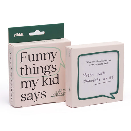 Pink box and prompt card for pikkii "Funny things my kid says" journal set.
