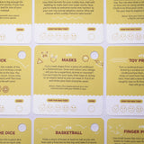 Yellow activity cards laid flat with creative ideas for kids using cardboard boxes.