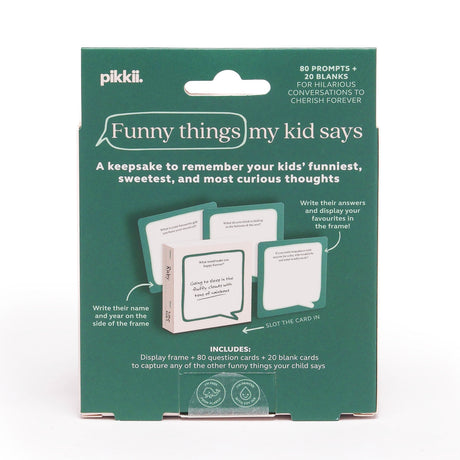 Back packaging for "Funny Things My Kid Says" keepsake card game showing contents and instructions.