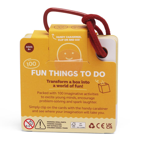 Back of "100 Fun Things to Do" card deck packaging with a red clip ring against a white background.