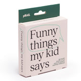 "Funny Things My Kid Says" keepsake card box with a speech bubble graphic and green hanging tab.