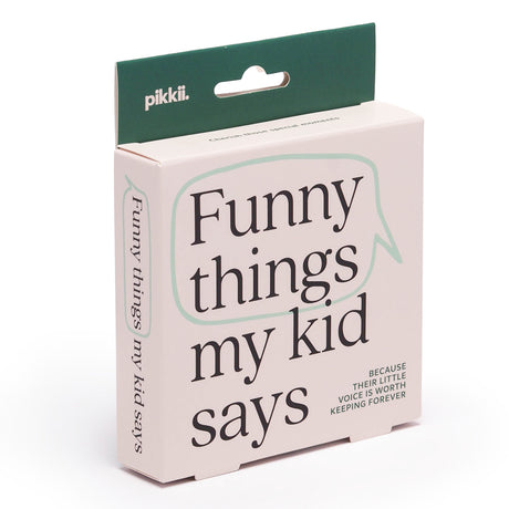 "Funny Things My Kid Says" keepsake card box with a speech bubble graphic and green hanging tab.