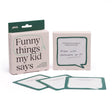 "Funny Things My Kid Says" memory box with filled-in prompt cards displayed.
