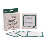 "Funny Things My Kid Says" memory box with filled-in prompt cards displayed.
