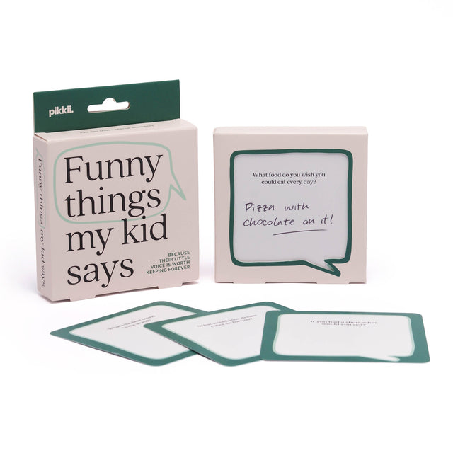 "Funny Things My Kid Says" memory box with filled-in prompt cards displayed.