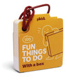 Yellow "100 Fun Things To Do With a box" card deck attached to a red hanging loop.