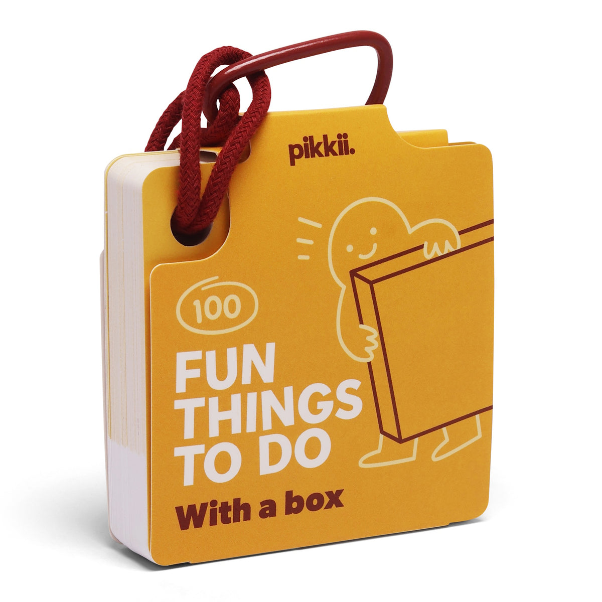 Yellow "100 Fun Things To Do With a box" card deck attached to a red hanging loop.