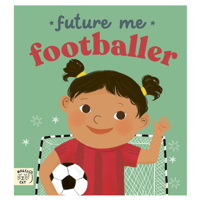 Book cover for "Future Me Footballer" by Magic Cat, showing a smiling girl in a red kit holding a football.
