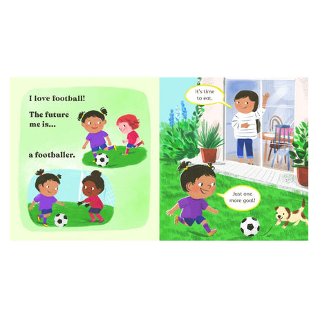 Children's book spread showing a girl playing football with friends and kicking a ball in the garden with a puppy.