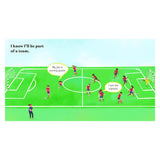 Children's book spread showing a full football pitch with a girls' team playing, highlighting the scorer and captain roles.