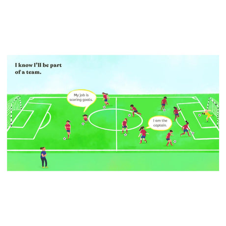 Children's book spread showing a full football pitch with a girls' team playing, highlighting the scorer and captain roles.