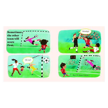 Children's book spread showing a girl facing setbacks in a football match, including a penalty and a goal, but staying determined.