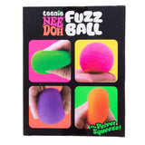 Teenie NeeDoh Fuzz Ball packaging showing four colorful, textured squeeze toys being squished.