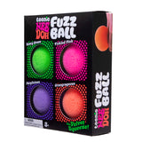 Four colorful Teenie NeeDoh Fuzz Balls in a black box, featuring green, pink, purple, and orange toys.