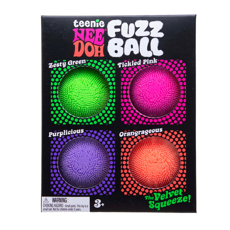 Four colorful, fuzzy Teenie NeeDoh Fuzz Balls in a black 4-pack box.