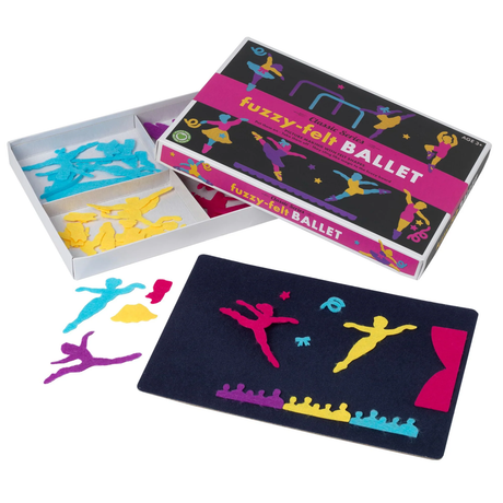 Fuzzy Felt Ballet set with colorful felt shapes of dancers and stage props. An open box reveals blue and yellow pieces. A playful, creative vibe.