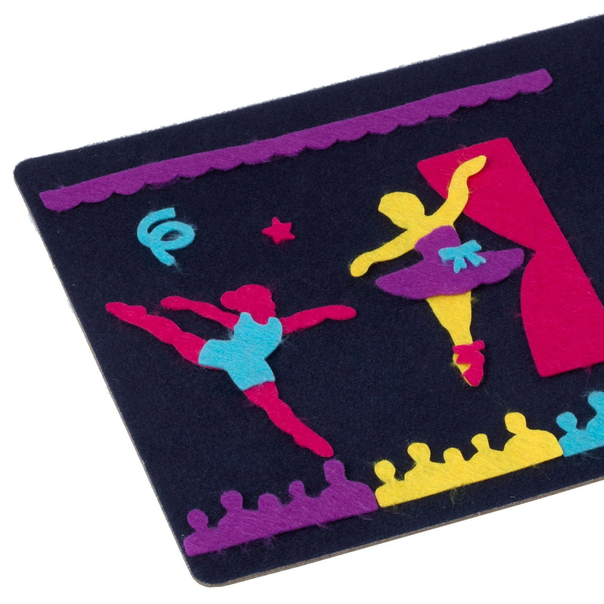 Colorful felt illustration on a black background depicts two ballet dancers. One leaps, the other performs on stage with an audience and a red curtain.