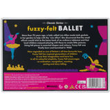 Fuzzy-felt Ballet package featuring colorful felt shapes of dancers on a black background. Historical text describes the toy's origins and educational benefits.