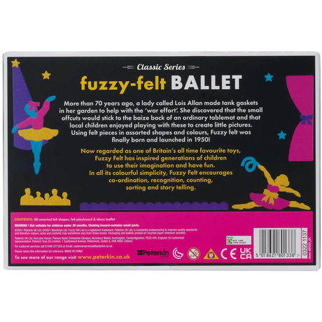 Fuzzy-felt Ballet package featuring colorful felt shapes of dancers on a black background. Historical text describes the toy's origins and educational benefits.
