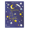 Book cover for The Game of Light by Hervé Tullet, featuring a yellow moon and stars on a dark purple night sky.