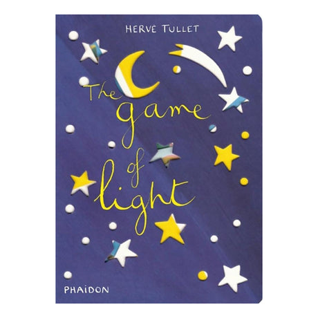 Book cover for The Game of Light by Hervé Tullet, featuring a yellow moon and stars on a dark purple night sky.