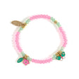 Girls garden collection beaded bracelet in pink and green with flower, leaf, and butterfly enamel charms.