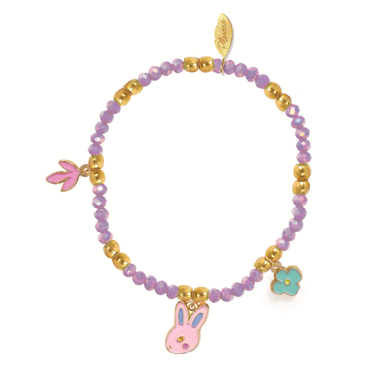 Garden Collection Rose bracelet with purple beads, gold accents, and bunny, flower, leaf charms.